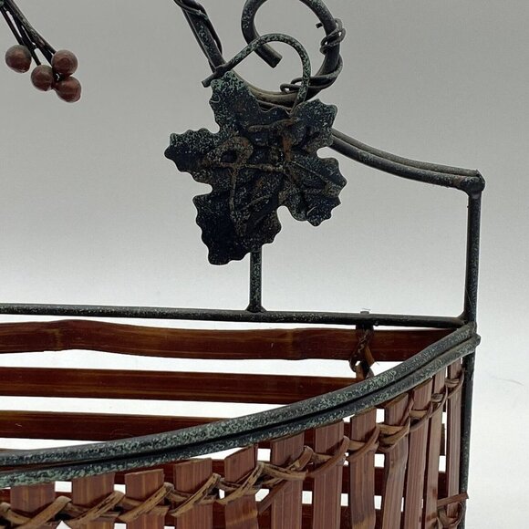 Wall Pocket Basket Semicircle Wood‎ Metal Grape Leaf Scroll Stick Slats Wine - Picture 4 of 15